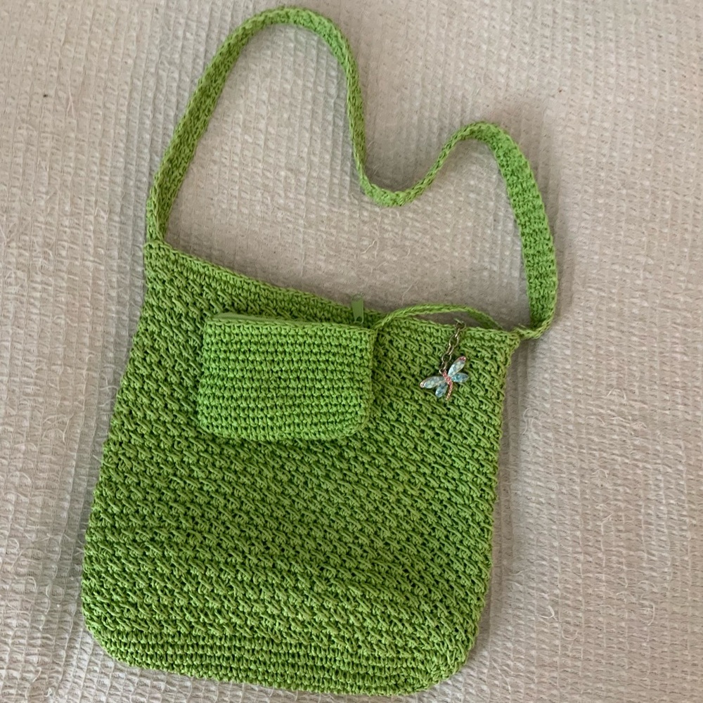 Vintage Charter Club Green Crochet Dragonfly Charm Purse Tote Bag Beach 60s Rare